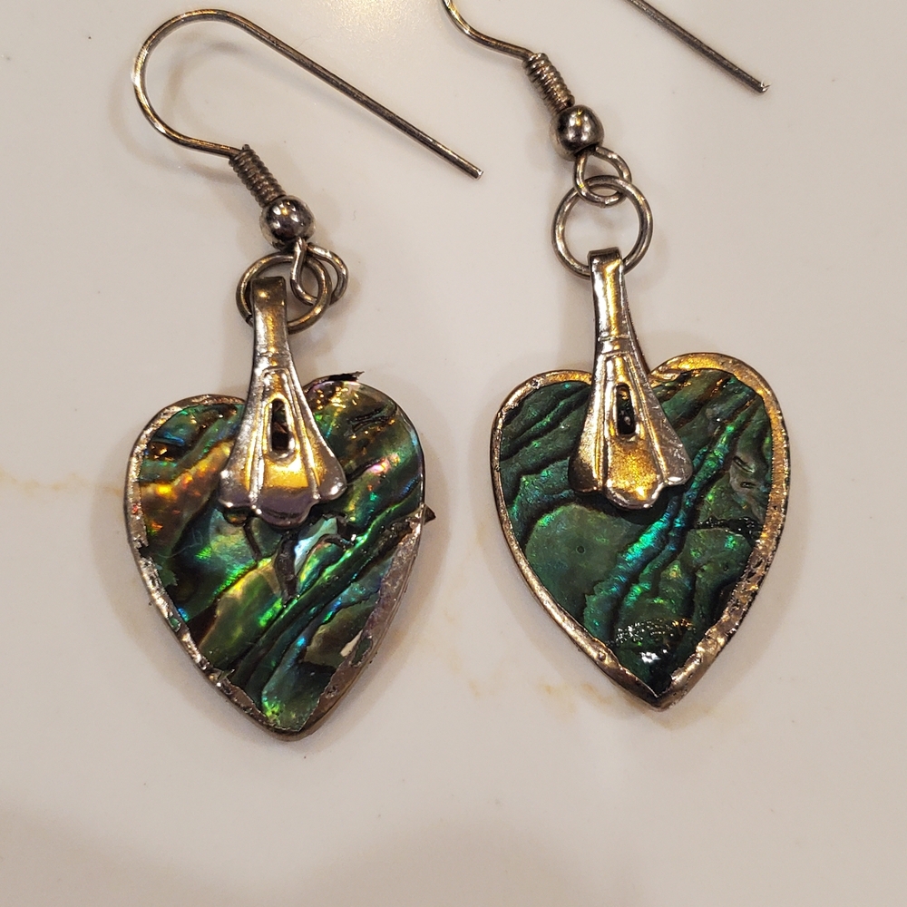 Elegant Silver and Iridescent Green Heart Earrings